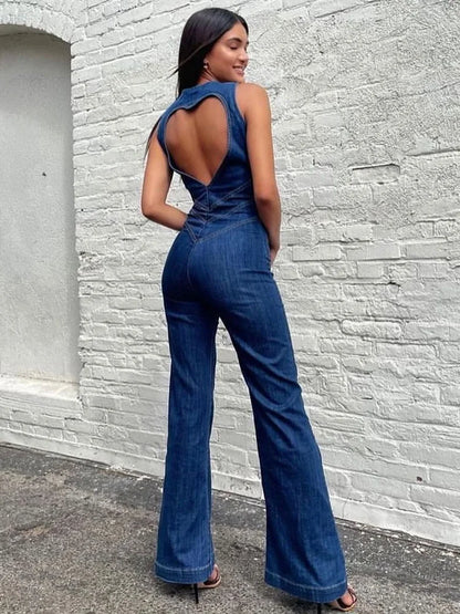 lovevop- Backless Heart Cutout Bodycon Jumpsuit For Women Casual Sleeveless Slim One-Piece Outfits Retro Denim Jumpsuits New