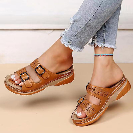 lovevop Fashion Double Buckle Wedge Slippers Women Summer  Brown PU Leather Platform Sandals Woman Casual Non Slip Beach Flip Flops