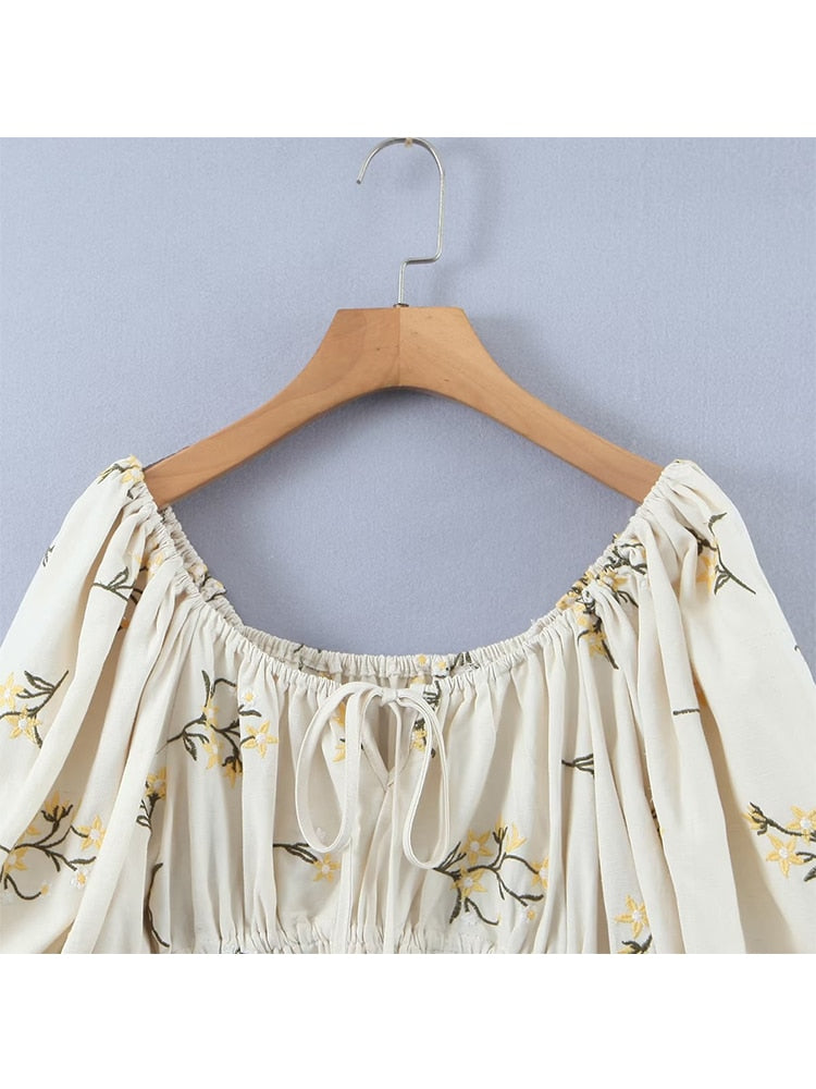 lovevop Lizakosht Women French Style Beige Floral Embroidery Linen Crop Shirt Vintage Puff Sleeve Female Summer Tops Short Blouse