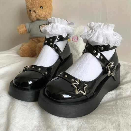 lovevop-Shoes Lolita shoes Women heels platform mary janes Star Buckle Strap Mary Janes Women Cross-tied Girls Rivet Casual kawaii shoes
