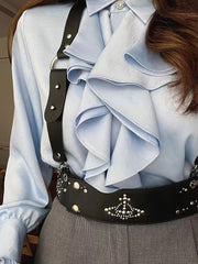 lovevop Lizakosht Ruffles Folds Light Blue Office Lady Satin Shirt Blouse Long Sleeve Spring Fashion Solid Button Up Blusa Autumn