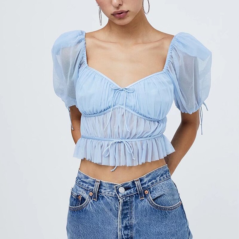 lovevop Summer  Women Solid Vintage Puff Sleeve Transparent Mesh Tops V Neck Short Sleeve Shirt Female Crop All-match Slim Blouse