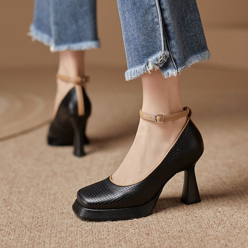 Back to school  new spring women pumps natural leather 22-24.5cm length cowhide+pigskin buckle Mary Jane shoes high heel Ankle strap shoes