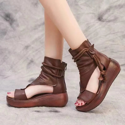 lovevop-Shoes for Women Ladies Vintage Pu Leather Boots Fashion Women Sandals Summer Mid Heels Wedges Shoes Sandalias Mujer  Sneakers