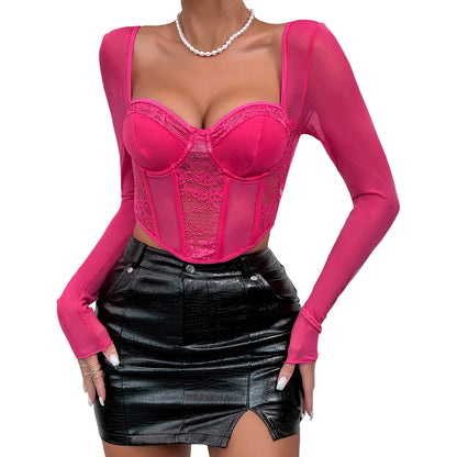 lovevop-Women Y2k Lace Patchwork Corset Crop Tops Sexy V Neck Long Sleeve T-shirt See Through Open Back Bustier Shirt Streetwear