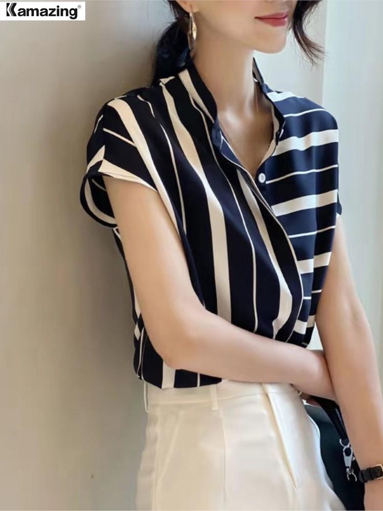 lovevop Lizakosht Summer Women Casual Striped Shirt Office Lady Short Sleeve Fashion Chiffon Shirt Top Female Blouse