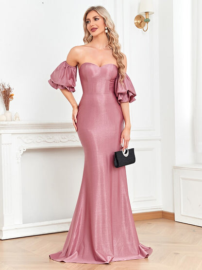 Lovevop New Women Satin Dress Long Prom Mermaid Dress 2024 Off-shoulders Pink Evening Dresses Sexy Party Cocktail Maxi Dress