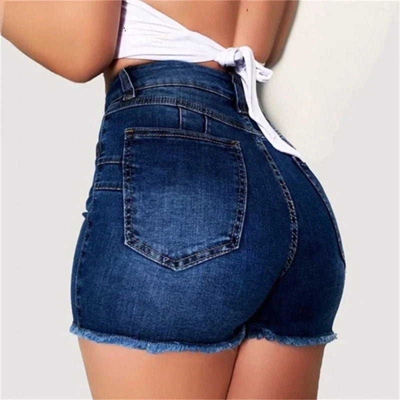 lovevop-Large Size Sexy Ripped Denim Shorts Girl New High Waist Skinny Hips Stretch Leg Length Tight Tight Stretch Hips Jeans Women