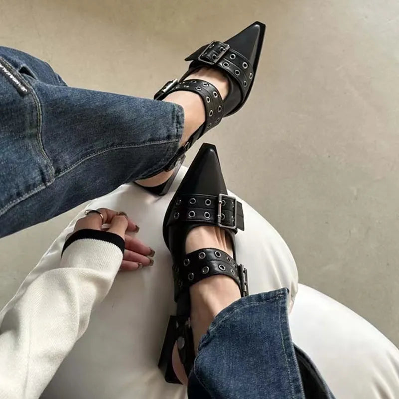 lovevop- New Women Chunky Sandals Summer Shoes Fashion Mid Heels Pointed Toe Party Shoes Brand Casual Shoes Mujer Slippers Zapatos