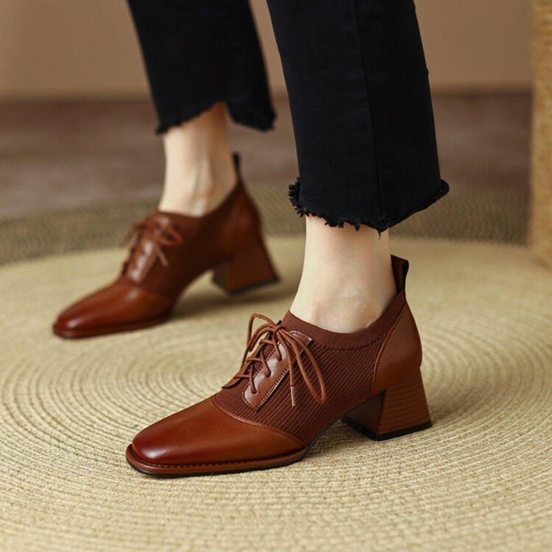 lovevop NEW Spring Women Pumps Round Toe Chunky Heel Shoes for Women Split Leather High Heels Solid Splicing Lace-up Shoes Handmade Shoe