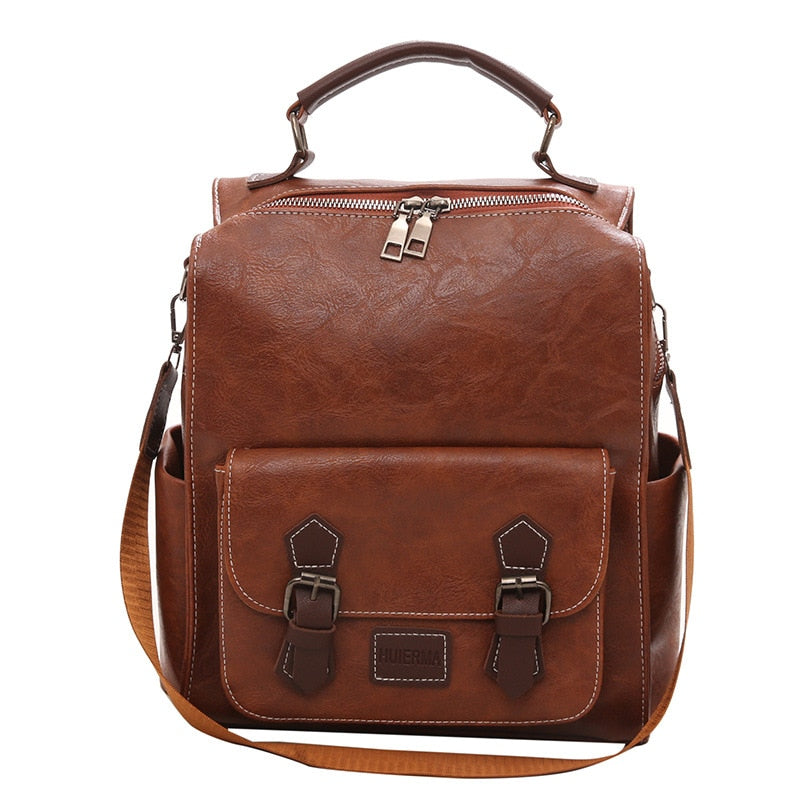 maoxiangshop - Women&#39;s Backpack Vintage Pu Leather Daypack Brown Mochilas Para Mujer Casual Travel Bag Retro Student School Bag