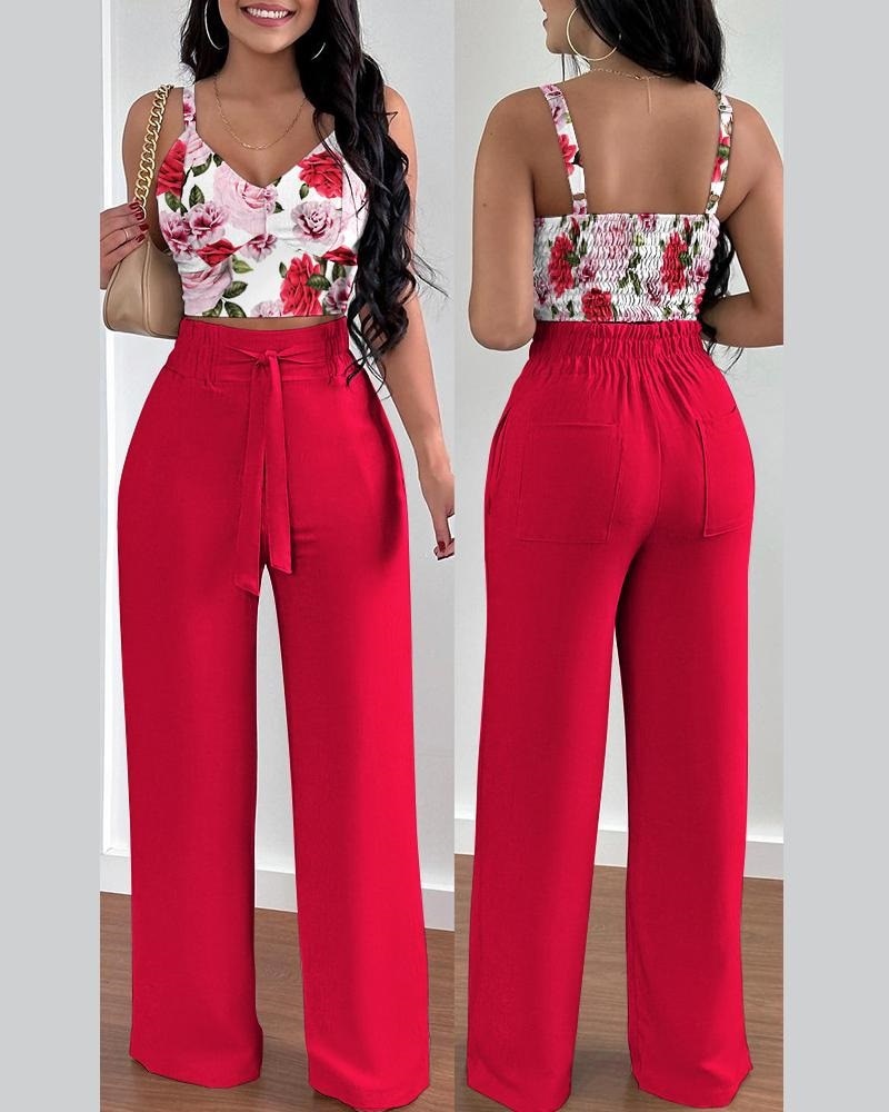 lovevop Two Piece Sets Womens Outifits Summer Fashion Printed Suspenders V Neck Sleeveless Crop Top & Casual Wide-Leg Long Pants Set