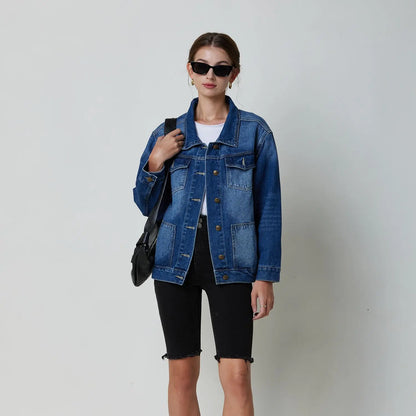 lovevop-New Spring Autumn Single-breasted Womens Denim Jacket Coat Loose Long Sleeve Tops Casual Jean Coats Female Outerwear