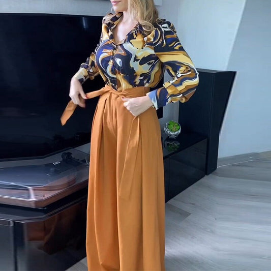 lovevop Lizakosht Spring Summer Commute Long Sleeve Blouse Outfits Fashion Print Tops Shirt And Belted Wide Leg Pants Suit Women Casual Loose Sets