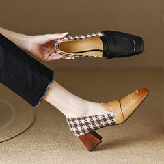 Back to school  new Spring women pumps natural leather plus size 22-25cm cowhide+Plaid full leather square toe thick heels women shoes