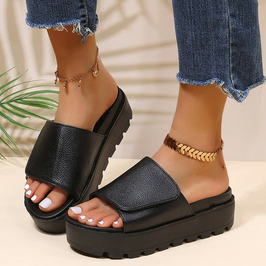 lovevop Black PU Leather Platform Slippers Women Plus Size 43 Thick Soled Sandals Woman  Summer Non-slip Slides Shoes Female