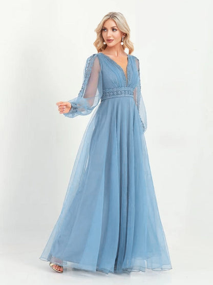 Lovevop Elegant Evening Dresses V-Neck Long Sleeve Floor-Length Gown 2024 Women Chiffon A-line Prom Formal  Dress