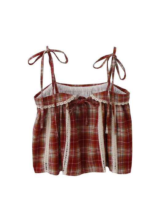 lovevop Lizakosht Classic Retro Plaid Design Women New Suspender Lace Patchwork Pleated Shirt Female Tie Up Baggy Blouses Vintage Cozy Soft Chic