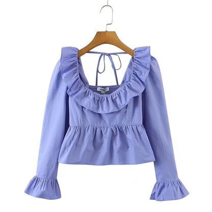 lovevop Lizakosht  Square Collar Ruffles Pelpum Blouse Shirt Women Long Sleeve French Style Solid Fashion Short Summer Spring Blouse Top