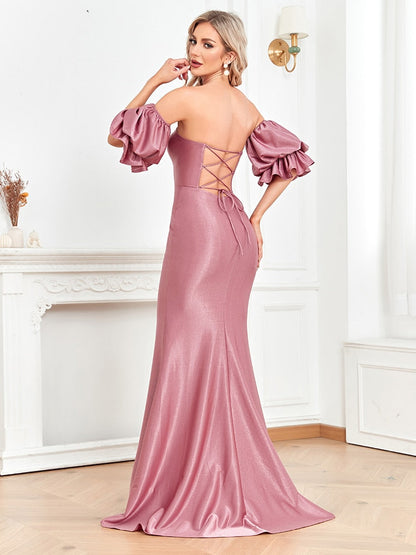 Lovevop New Women Satin Dress Long Prom Mermaid Dress 2024 Off-shoulders Pink Evening Dresses Sexy Party Cocktail Maxi Dress