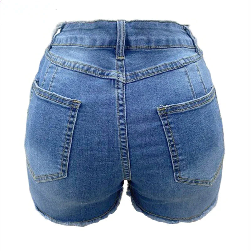 lovevop-Large Size Sexy Ripped Denim Shorts Girl New High Waist Skinny Hips Stretch Leg Length Tight Tight Stretch Hips Jeans Women