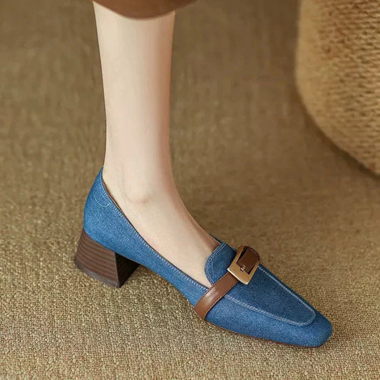 lovevop-Retro Denim Mid-heel Loafers Women Pumps Belt Buckle Square Head Shallow Casual Women Shoes Blue Comfort Chunky Mule Shoes Women