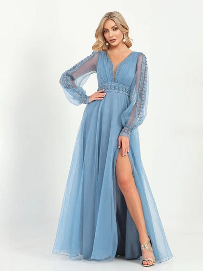 Lovevop Elegant Evening Dresses V-Neck Long Sleeve Floor-Length Gown 2024 Women Chiffon A-line Prom Formal  Dress