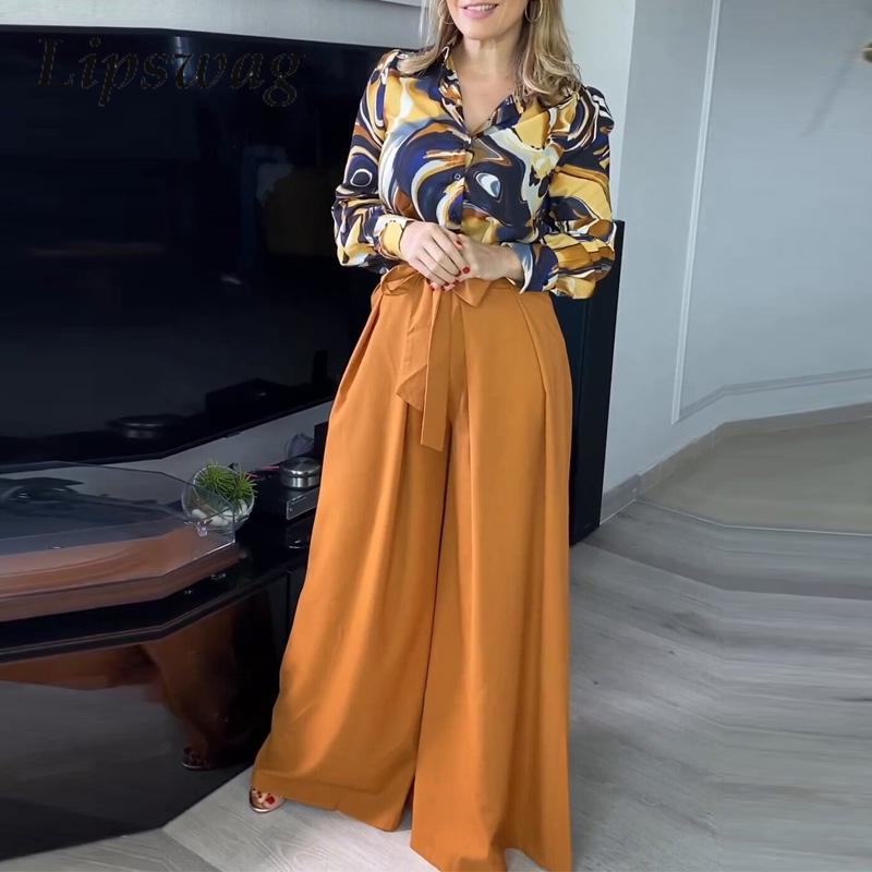 lovevop Lizakosht Spring Summer Commute Long Sleeve Blouse Outfits Fashion Print Tops Shirt And Belted Wide Leg Pants Suit Women Casual Loose Sets