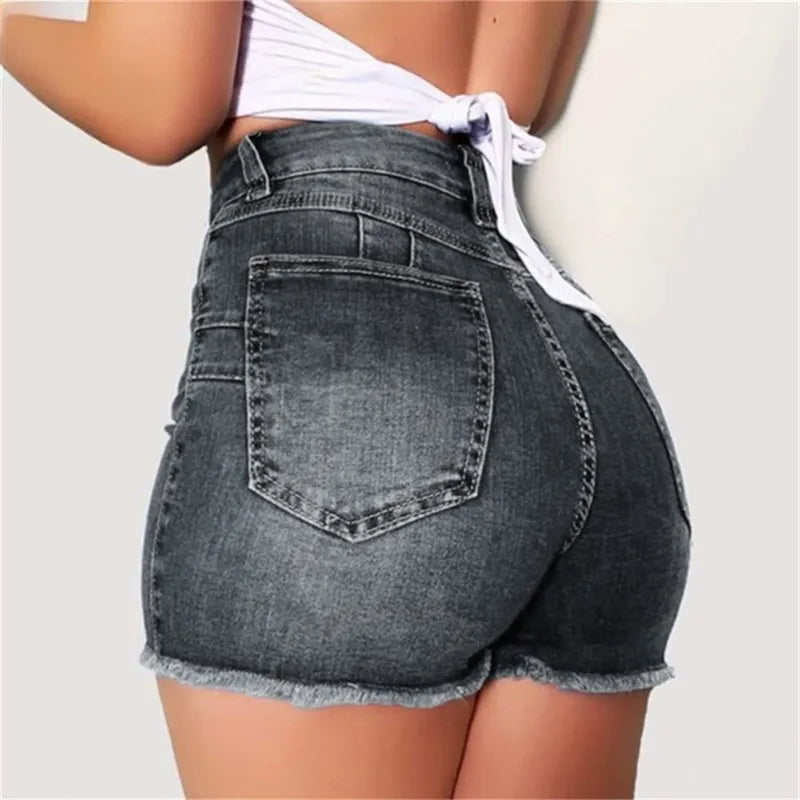 lovevop-Large Size Sexy Ripped Denim Shorts Girl New High Waist Skinny Hips Stretch Leg Length Tight Tight Stretch Hips Jeans Women