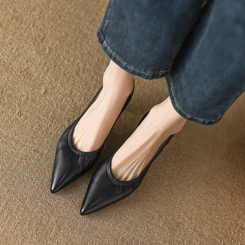 Back to school  new Spring women pumps natural leather 22-24.5cm sheepskin+pigskin full leather pointed toe low heels soft women shoes