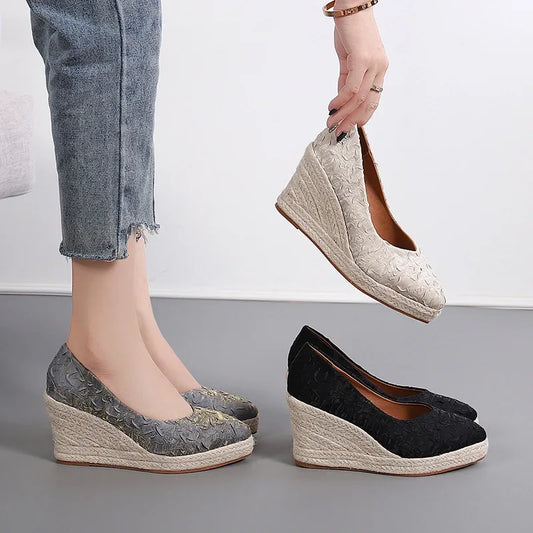 lovevop-New Pointed Shallow Mouth Women Wedge Heel Thick Sole Single Shoes Women Straw Woven Twine rope sole Spring Autumn Shoes