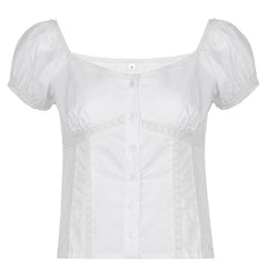 lovevop Lizakosht White Sexy Lace Women's T-Shirt Top Fashion Puff Sleeve Cardigan Shirt Slim Casual Short Sleeve Ladies Blouse Spring New