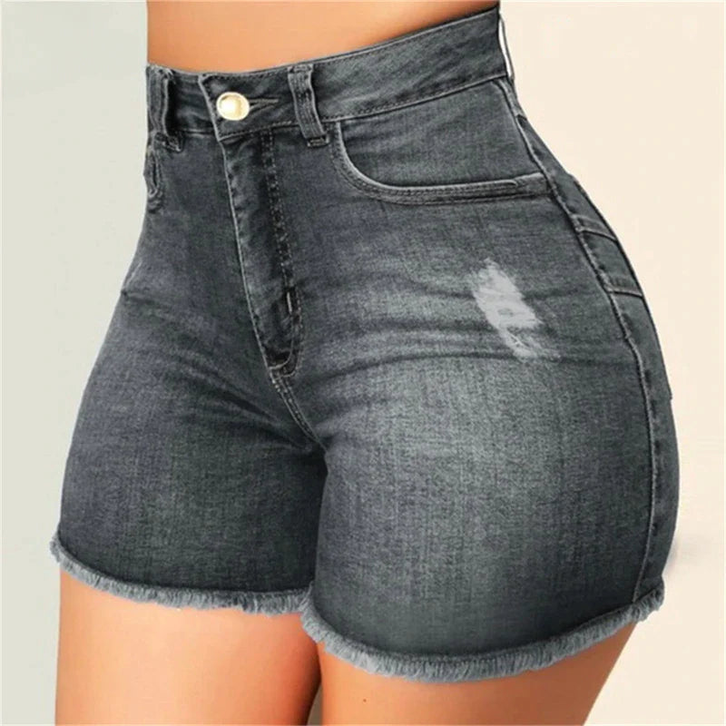 lovevop-Large Size Sexy Ripped Denim Shorts Girl New High Waist Skinny Hips Stretch Leg Length Tight Tight Stretch Hips Jeans Women