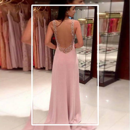 Graduation Prom New Deep V-neck Fashion Prom Chiffon Pink Evening Dress Women