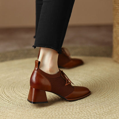 lovevop NEW Spring Women Pumps Round Toe Chunky Heel Shoes for Women Split Leather High Heels Solid Splicing Lace-up Shoes Handmade Shoe