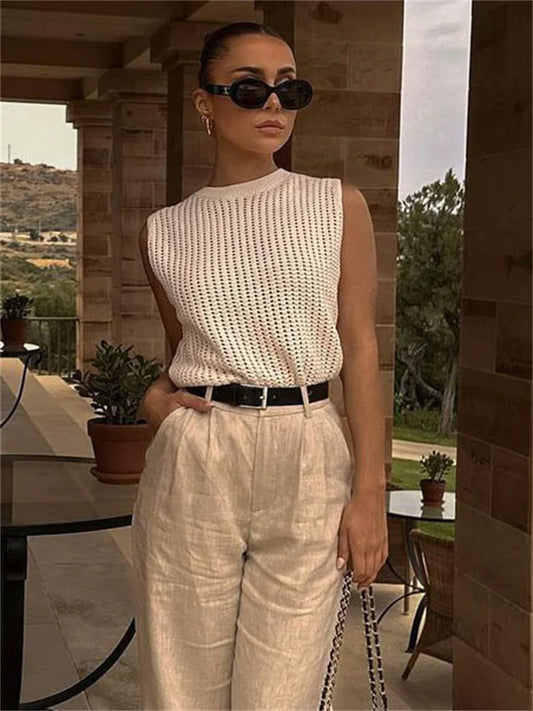 lovevop-Knit Hollow Out Sexy Tank Top Pullover For Women Sleeveless High Street Knitwear Y2k Top Vest Fashion Holiday Female Vest