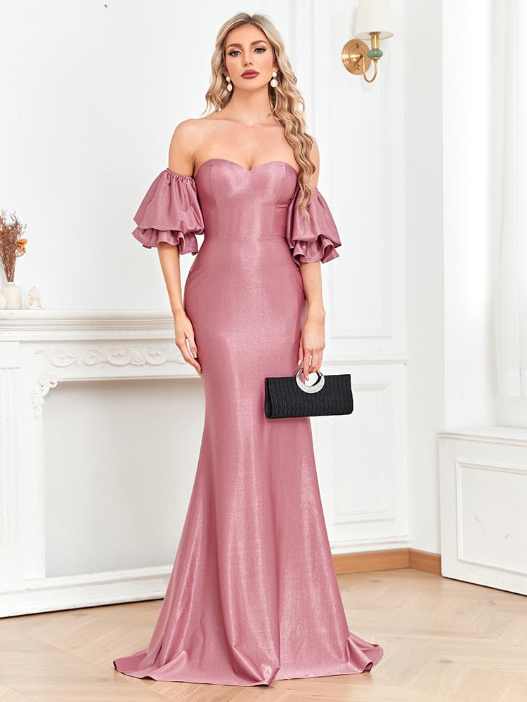 Lovevop New Women Satin Dress Long Prom Mermaid Dress 2024 Off-shoulders Pink Evening Dresses Sexy Party Cocktail Maxi Dress