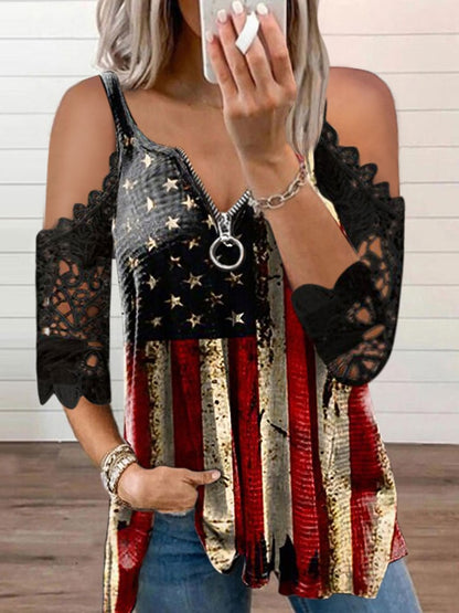 Women American Flag Blouse Star Striped Lace Cold Shoulder Shirts Short Sleeve Zipper 4th of July Independence Day Graphic Tee