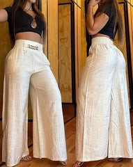 lovevop Women's Pants  Spring Fashion Chain Decor High Waist Casual Plain Pocket Design Daily Wide Leg Long Pants Y2K Streetwear