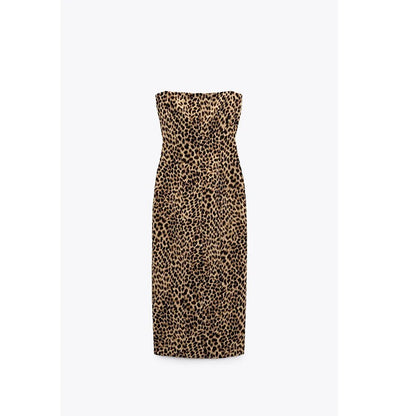 Lovevop- 2024 new women's printed straight open fork waist bust waist-skimming leopard print sexy one neck dress