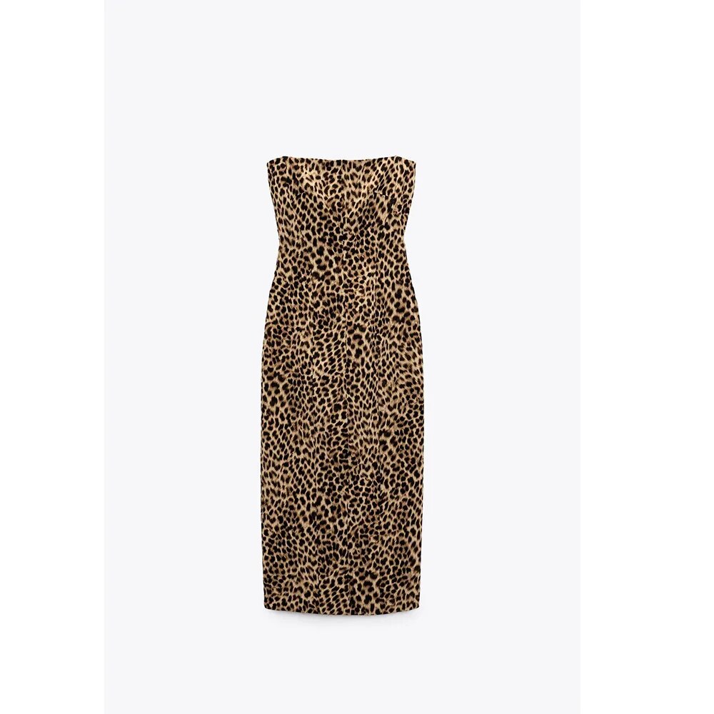 Lovevop- 2024 new women's printed straight open fork waist bust waist-skimming leopard print sexy one neck dress