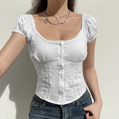 lovevop White Sexy Lace Women's T-Shirt Top Fashion Puff Sleeve Cardigan Shirt Slim Casual Short Sleeve Ladies Blouse Spring New