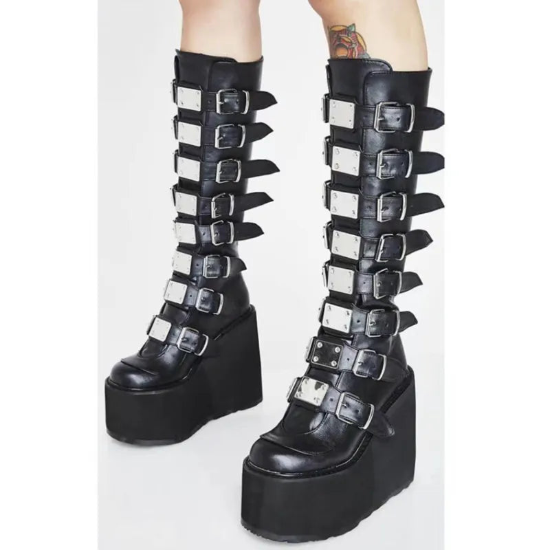 lovevop-Punk Women Boots Ladies Cosplay High Boots Comfort Long Tube Leather Boots Black Platform High Wedges Women Shoes Gothic Style