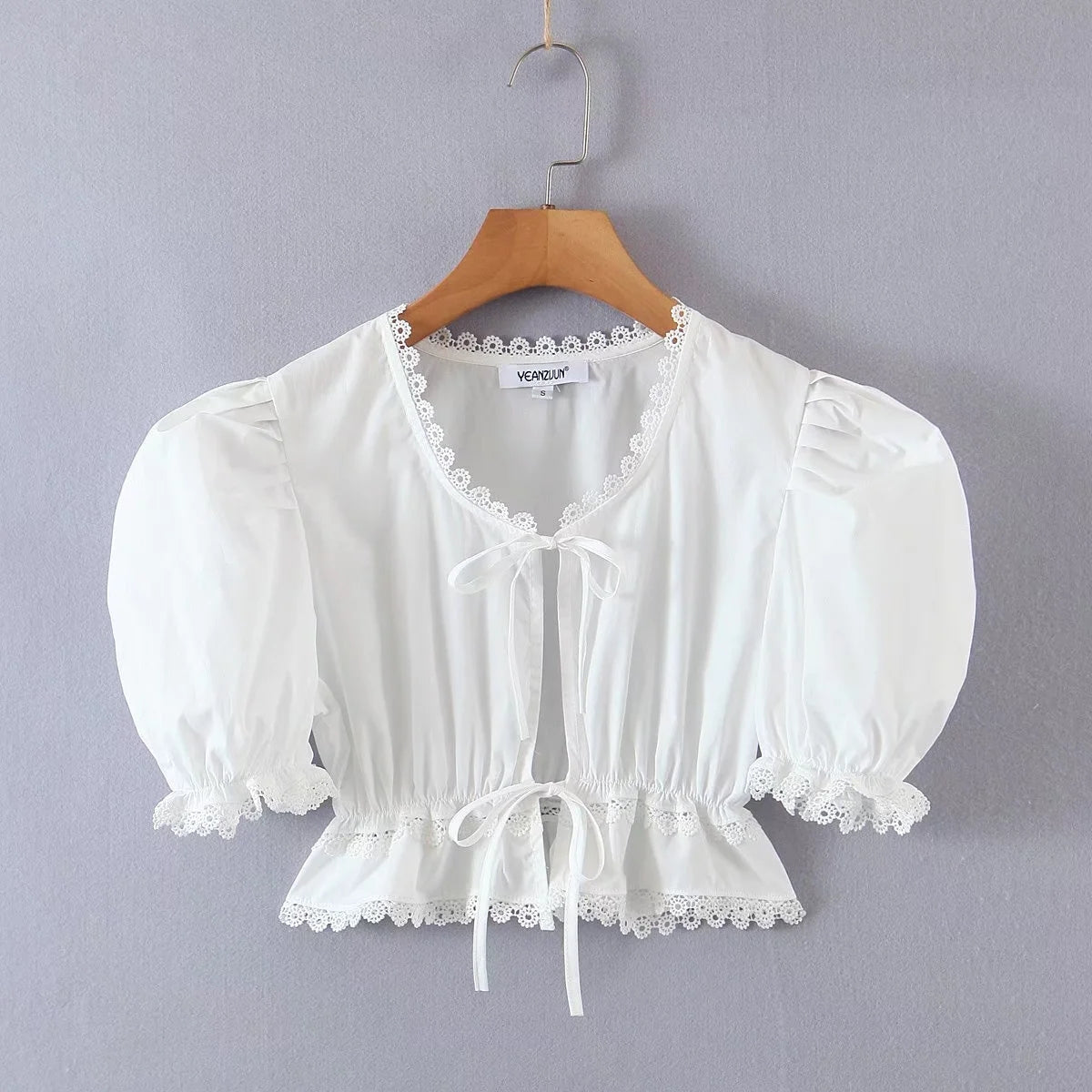 lovevop GypsyLady Casual Sexy Chic Cropped Blouse Shirt White Cotton Lace Summer Women Blouse Pull Sleeve Y2K Holiday Party Ladies Tops