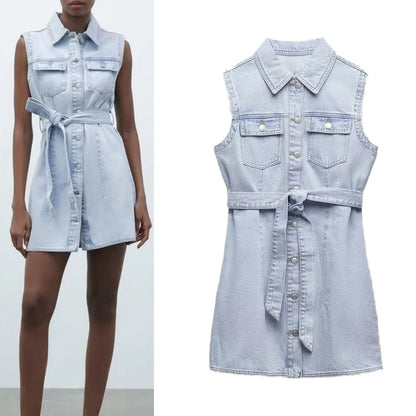 Lovevop- New women's clothing, temperament, fashion, casual fashion, all-match denim dress with the same fabric bow belt and belt