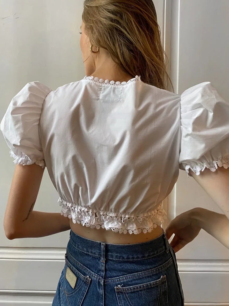 lovevop GypsyLady Casual Sexy Chic Cropped Blouse Shirt White Cotton Lace Summer Women Blouse Pull Sleeve Y2K Holiday Party Ladies Tops