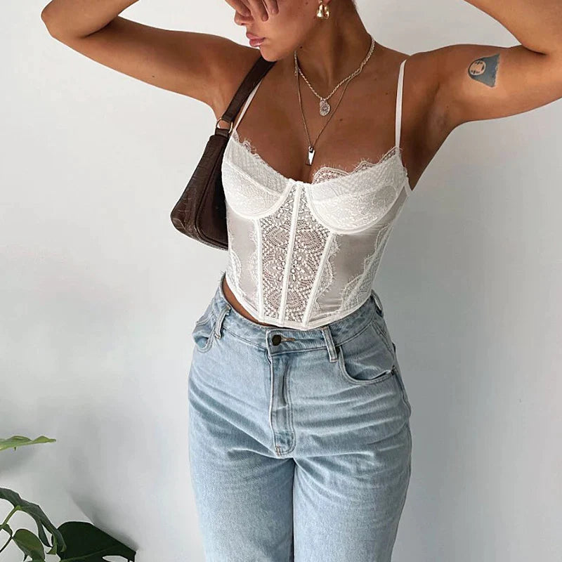 lovevop-Women Sexy Lace Trim Push Up Bustier V-neck Sleeveless See-through Bodycon Vest Summer Slim Fit Corset Tops Clubwear Streetwear