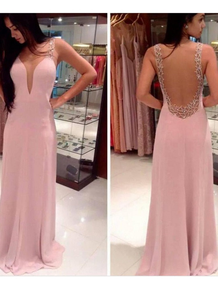 Graduation Prom New Deep V-neck Fashion Prom Chiffon Pink Evening Dress Women