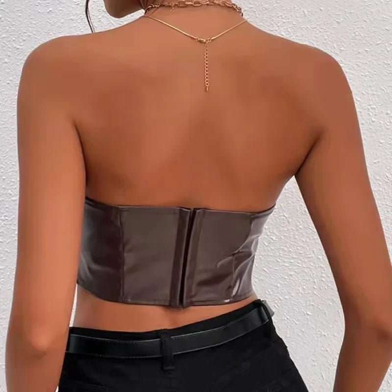 lovevop-Sexy Tank Top Glossy PU Leather Halter Crop Tops Women Wrap Chest Bare Midriff Camisole Sleeveless  Tube Top Female Cropped Vest