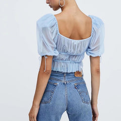 lovevop Summer  Women Solid Vintage Puff Sleeve Transparent Mesh Tops V Neck Short Sleeve Shirt Female Crop All-match Slim Blouse